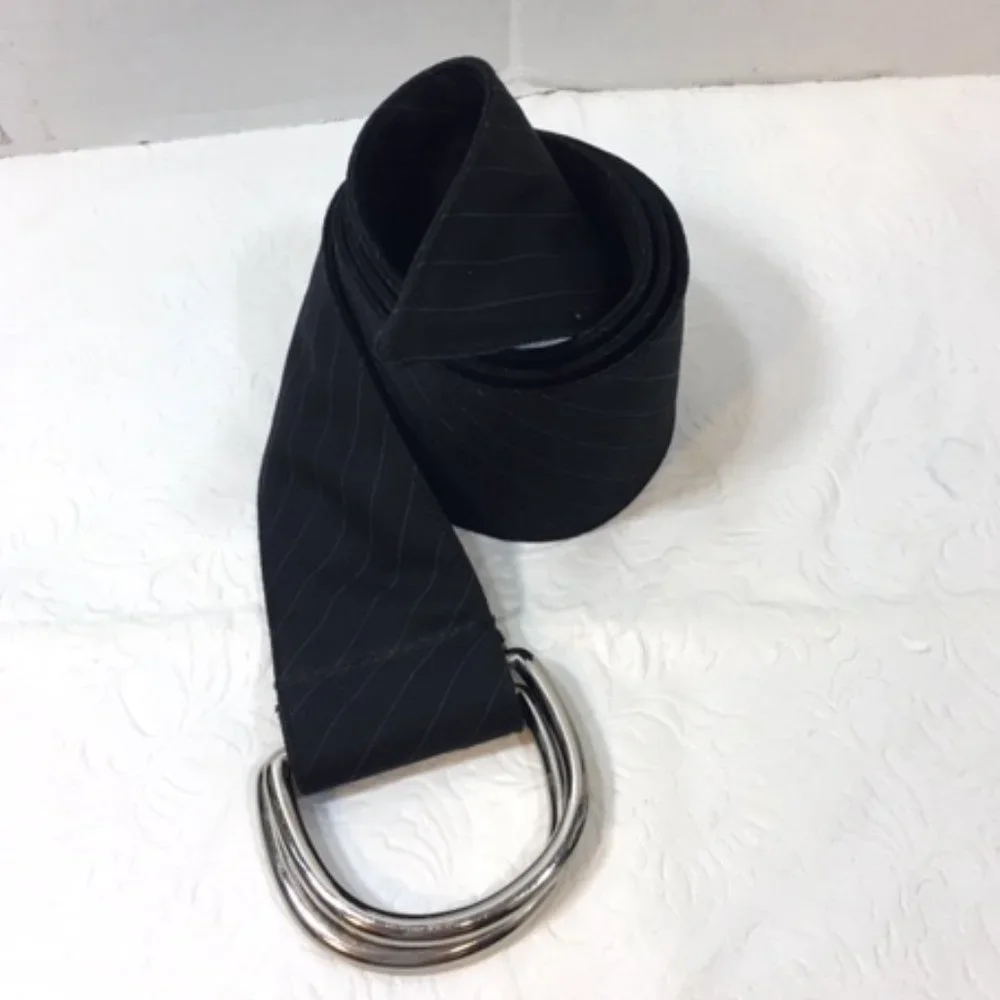 Black Striped Cloth Belt Double Silver Toned Buckles
